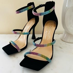 Coconuts by Matisse High Flared Heel Square Tow Rhinestone Strap Sandals Pumps